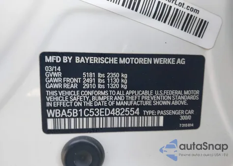 2014 BMW 535I z USA, uszkodzony, nr VIN WBA5B1C53ED482554